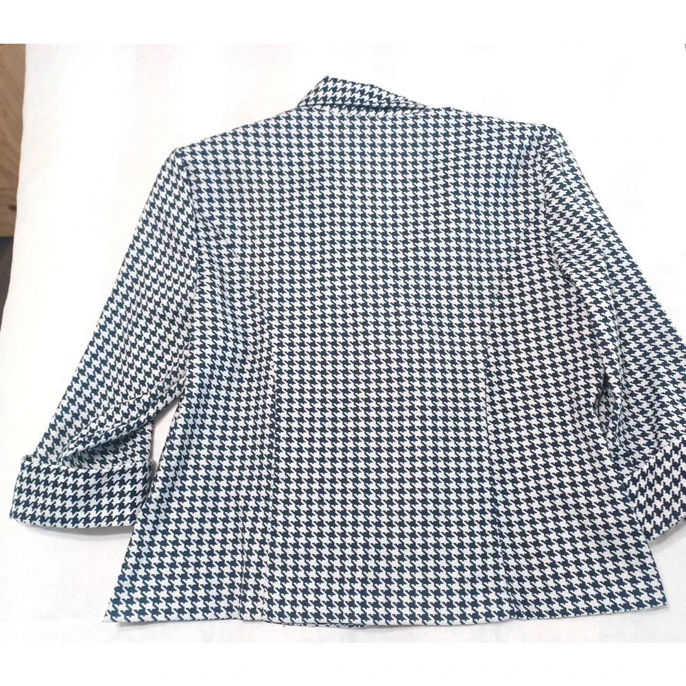 Dressbarn VTG Women's Blk Wht Houndstooth Check Blazer Sz L 3/4 Sleeve USA*READ